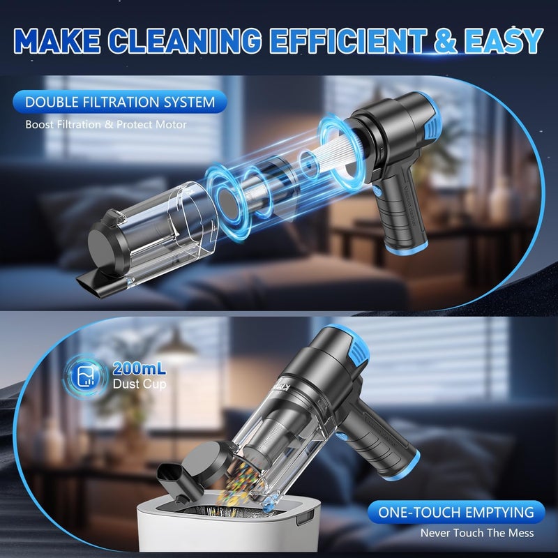 MM Handheld Car Vacuum Cleaner, 16000PA Air Duster & Vacuum Cleaner, 120W High Power Hand Held Vacuum Cordless, Portable Vacuum Rechargeable with Multi-Nozzles & LED Light for Car, Home, Pet, Office - Image 5